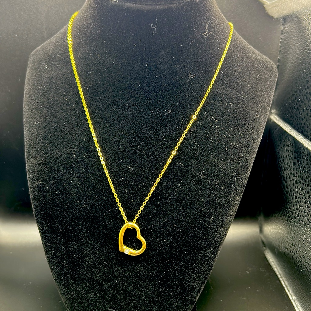 Gold Tone Open Heart Pendant With Tiny Genuine Diamond Gold Tone Chain